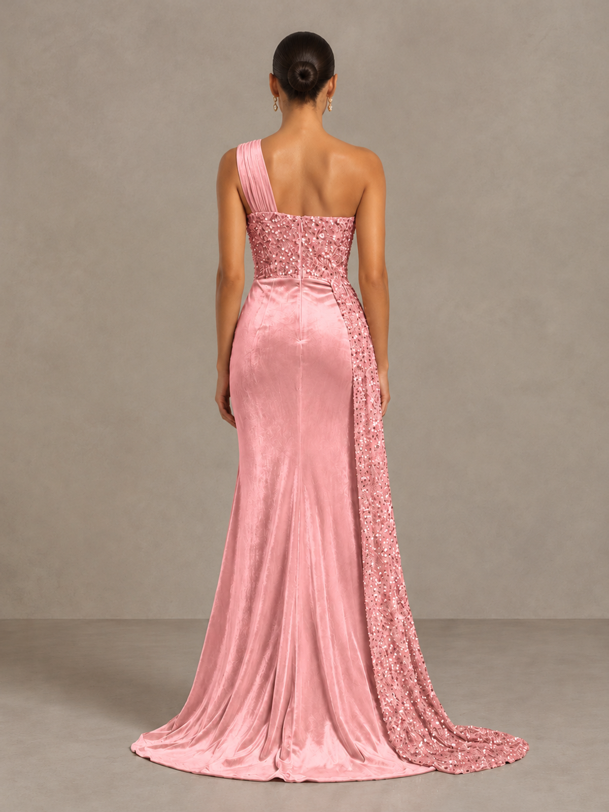 BOLODOO Pink One-Shoulder Satin Sequin Gown with High Slit - Pink - Pink_2
