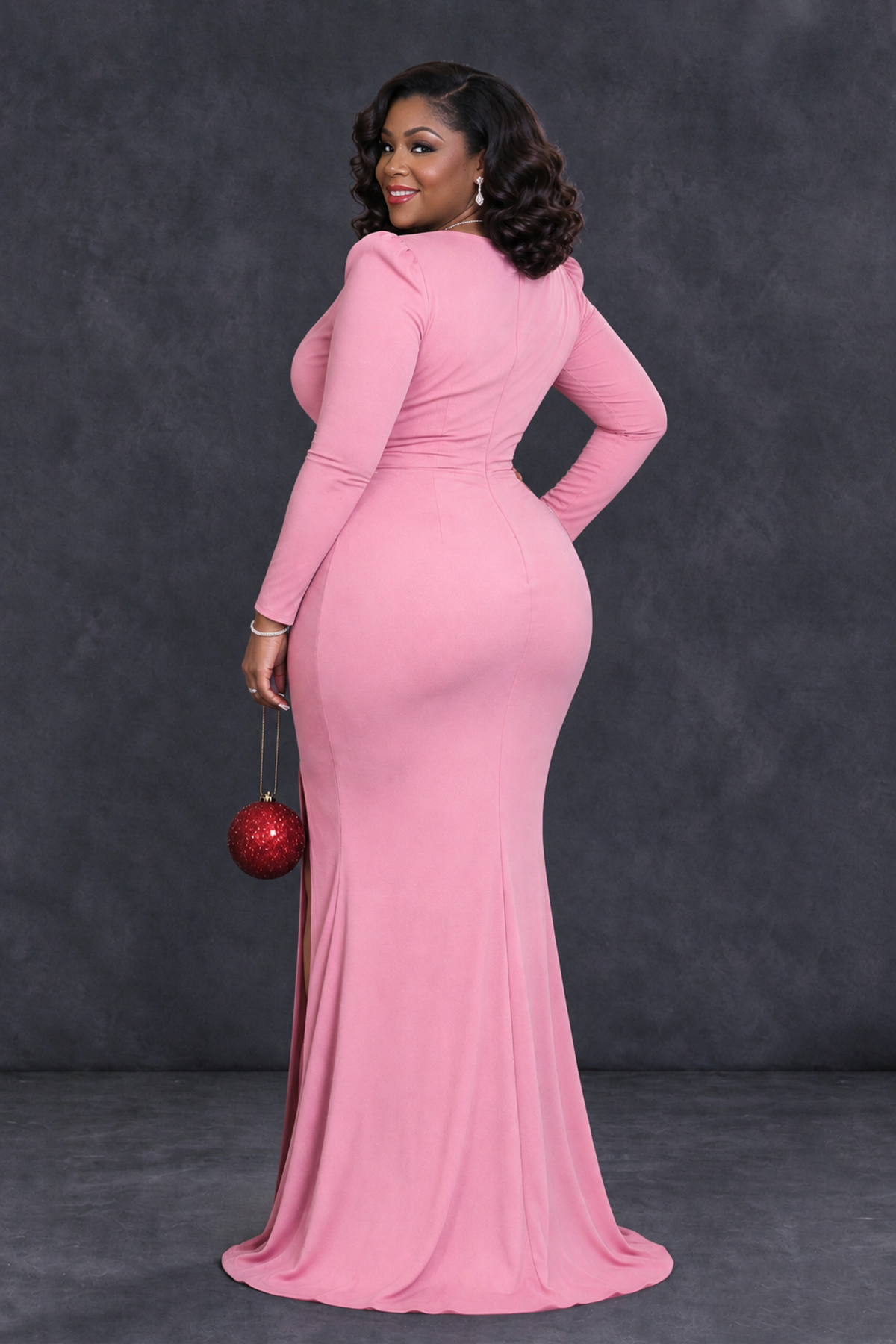 BOLODOO Pink Plus Size Long Sleeve V-Neck Mother of the Bride Dress with Slit - Pink - Pink_2