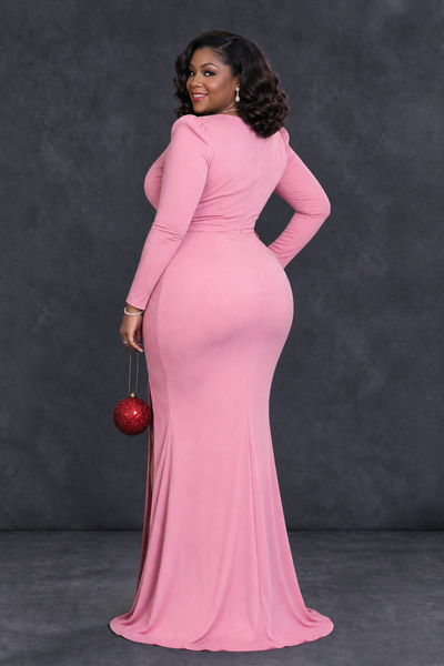 BOLODOO Pink Plus Size Long Sleeve V-Neck Mother of the Bride Dress with Slit - Pink - Pink_2