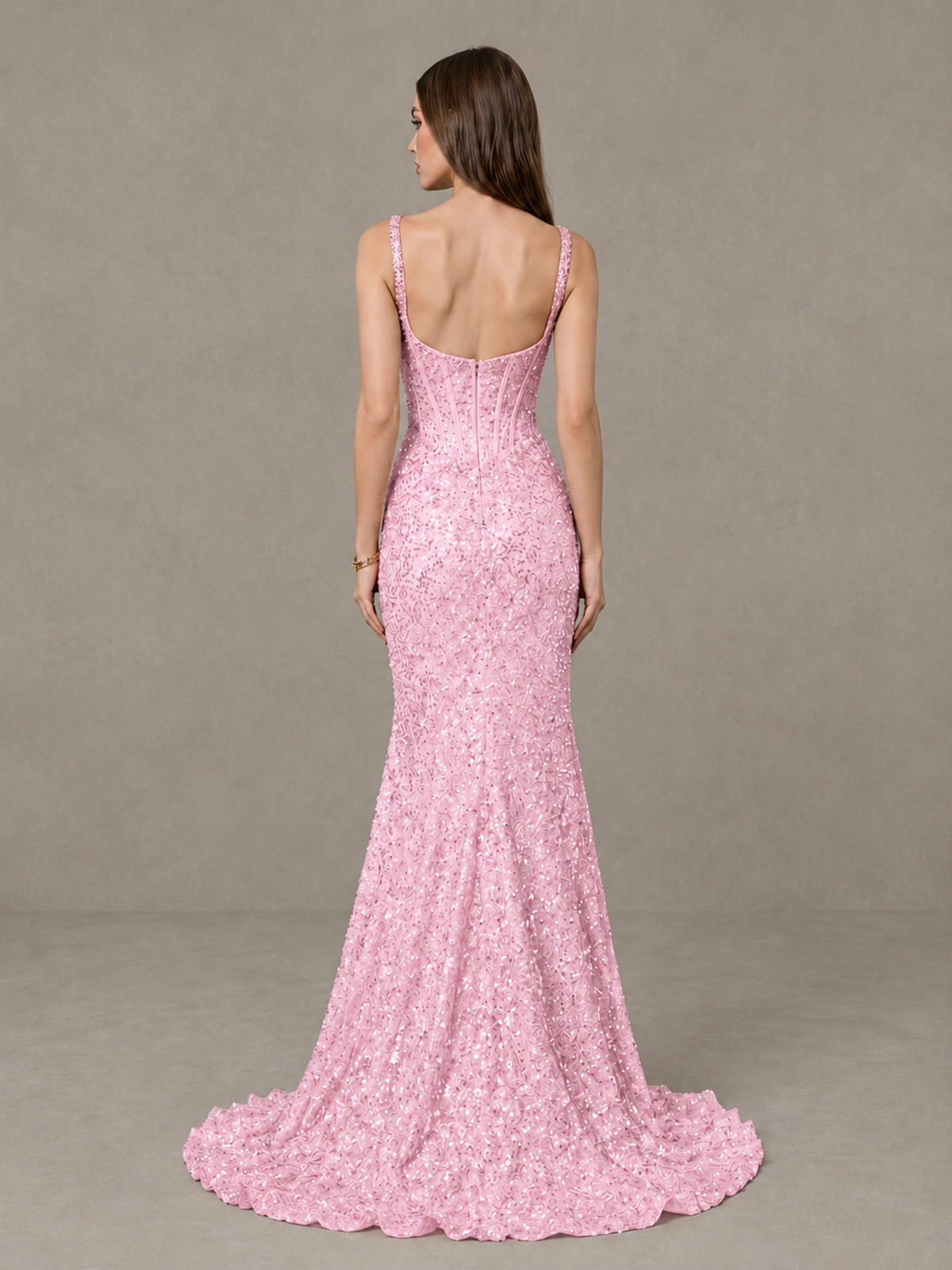BOLODOO Pink Sequin Corset Evening Gown with High Slit - Pink - Pink_2