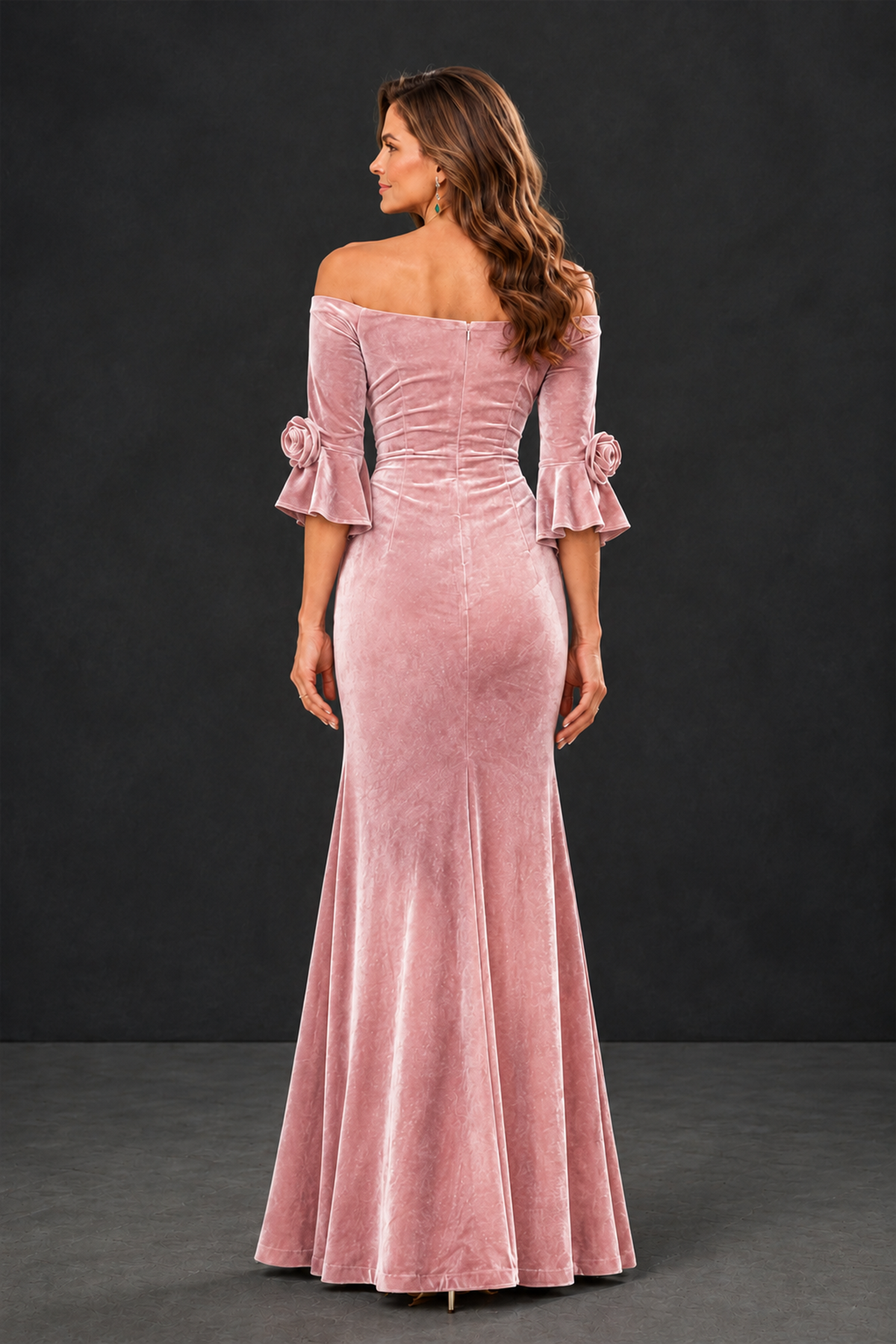 BOLODOO Pink Velvet Mother of the Bride Dress with Rosette Sleeves - Pink - Pink_2