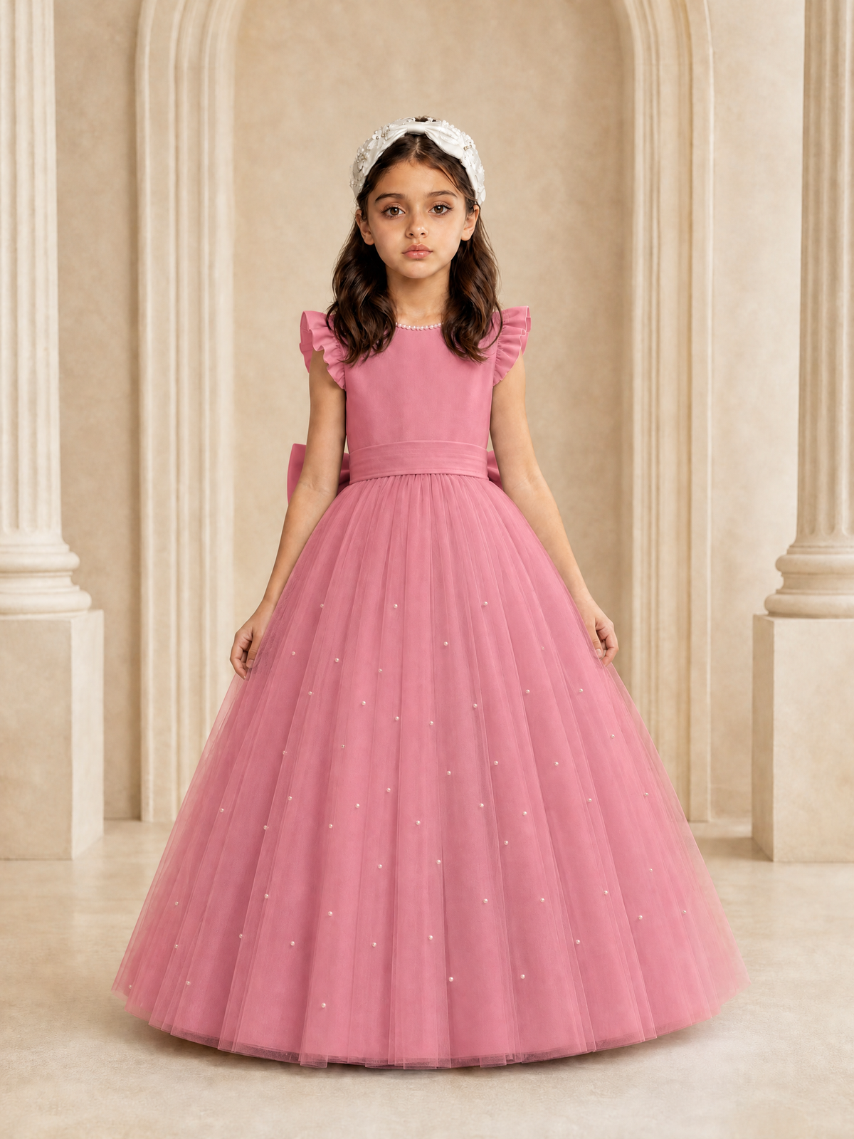 BOLODOO Pink Tulle Flower Girl Dress with Ruffle Sleeves & Bow Back - Pink - Pink_2