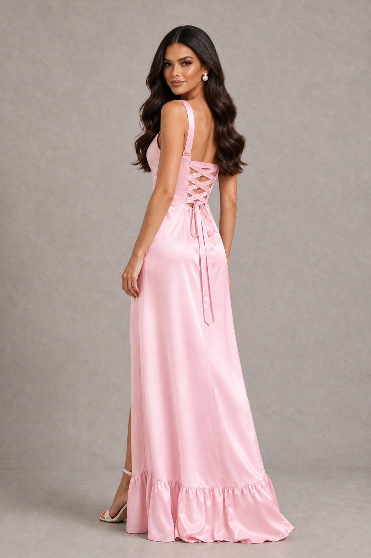 BOLODOO Pink Square Neck Satin Evening Dress with Lace-Up Back and High Slit - Pink - Pink_2