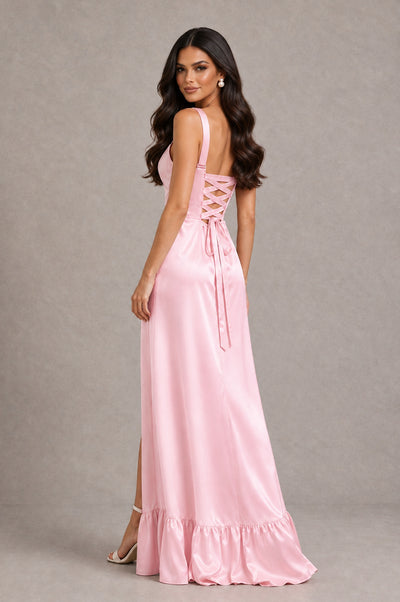 BOLODOO Pink Square Neck Satin Evening Dress with Lace-Up Back and High Slit - Pink - Pink_2