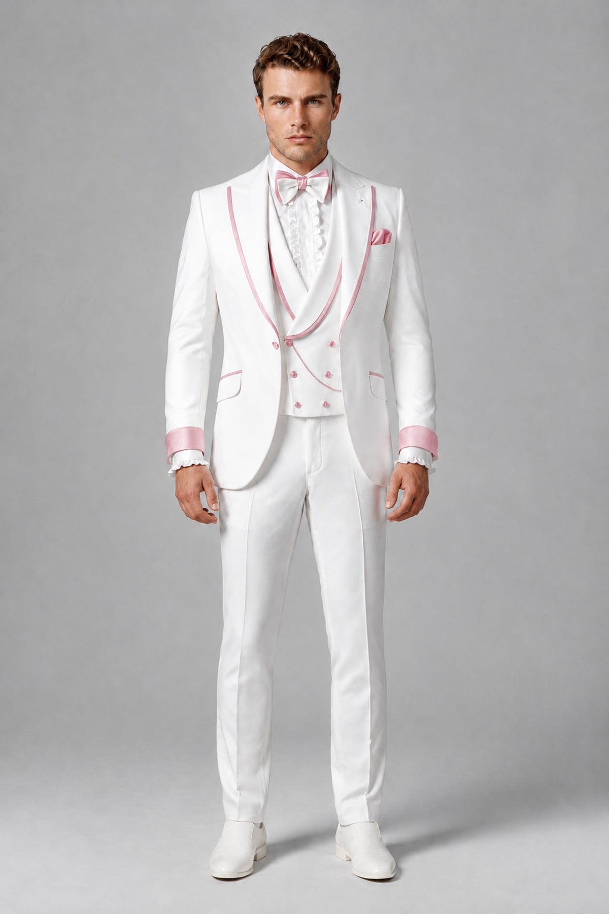 Bolodoo Men's White and Pink Three-Piece Wedding Tuxedo Suit - Pink - Pink_2