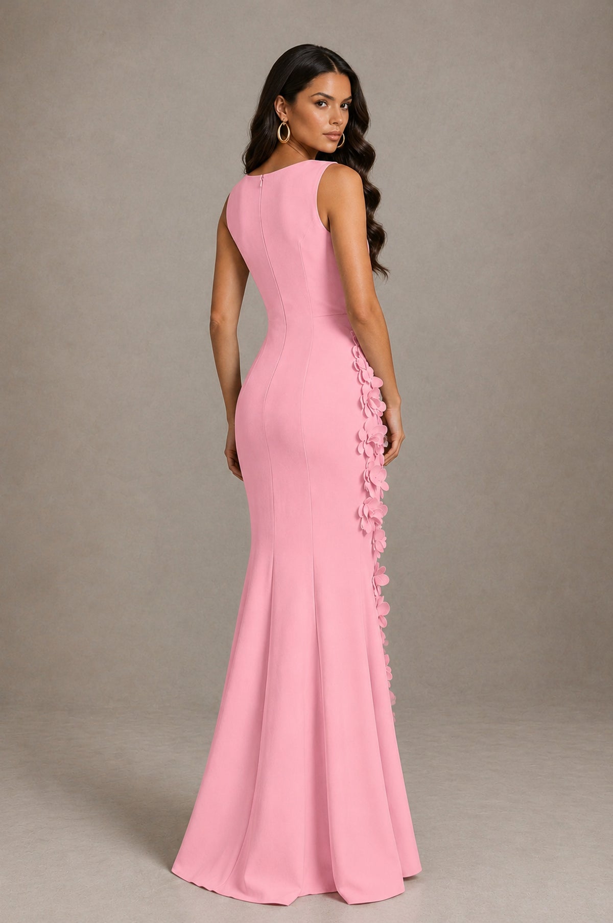 BOLODOO Pink Bateau Neck Sleeveless Asymmetric Peplum 3D Petal Appliqué Mermaid Gown BD0421 - Pink - Pink_2
