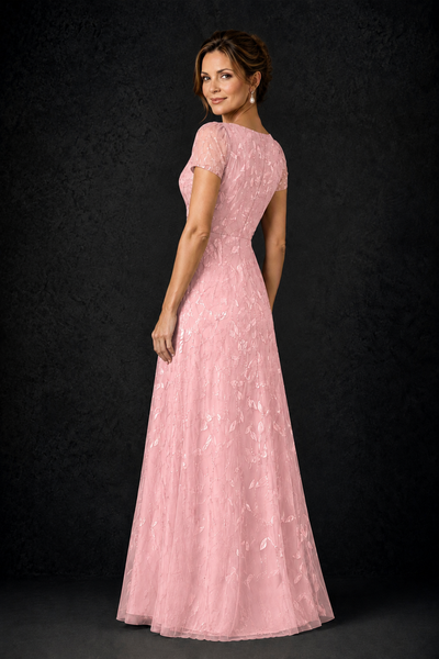 BOLODOO Pink Leaf Embroidered A-Line Formal Gown with Cap Sleeves - Pink - Pink_2