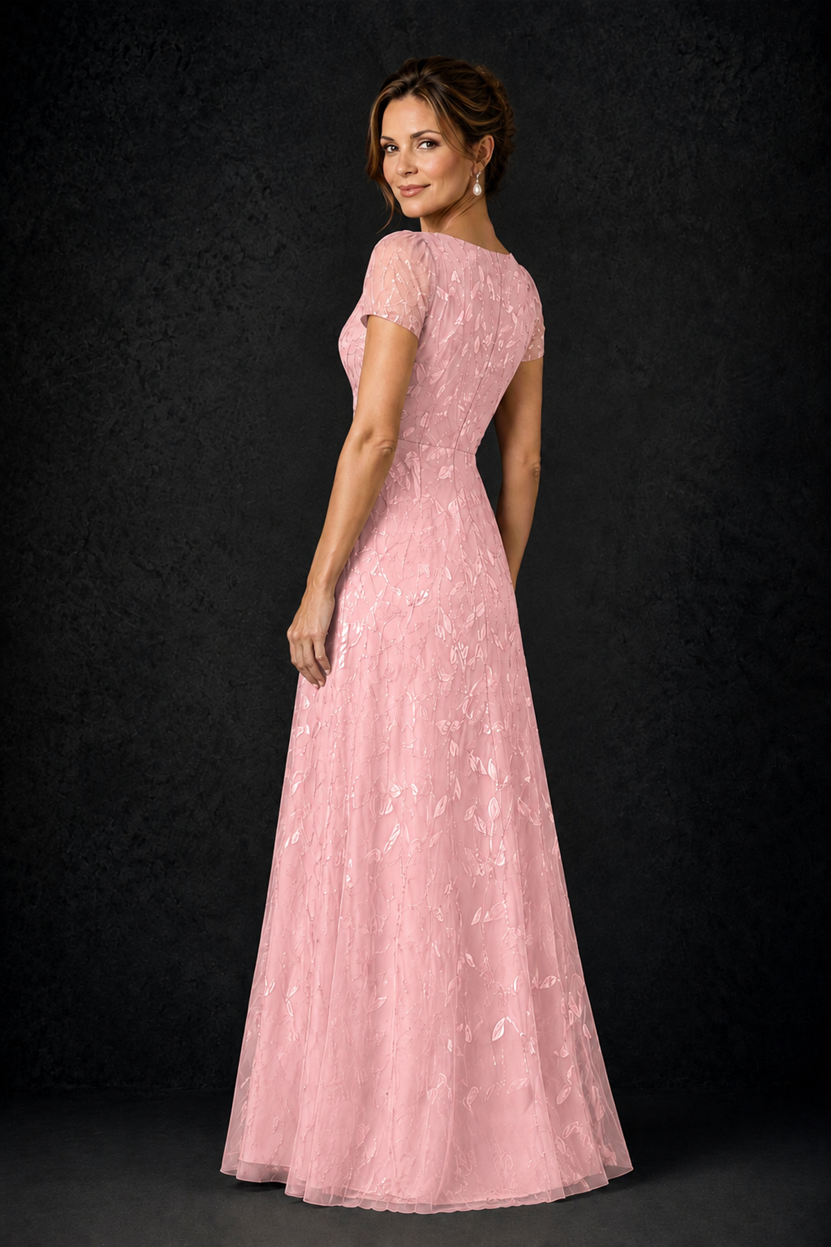 BOLODOO Pink Leaf Embroidered A-Line Formal Gown with Cap Sleeves - Pink - Pink_2