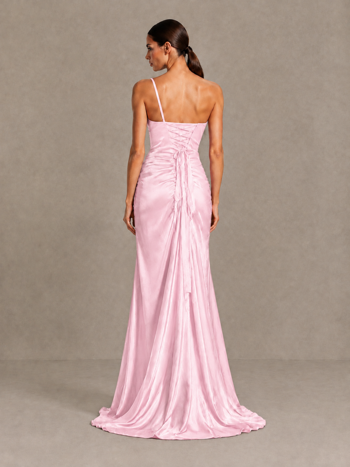 BOLODOO Pink One Shoulder Satin Evening Gown with High Slit and Sweep Train - Pink - Pink_2