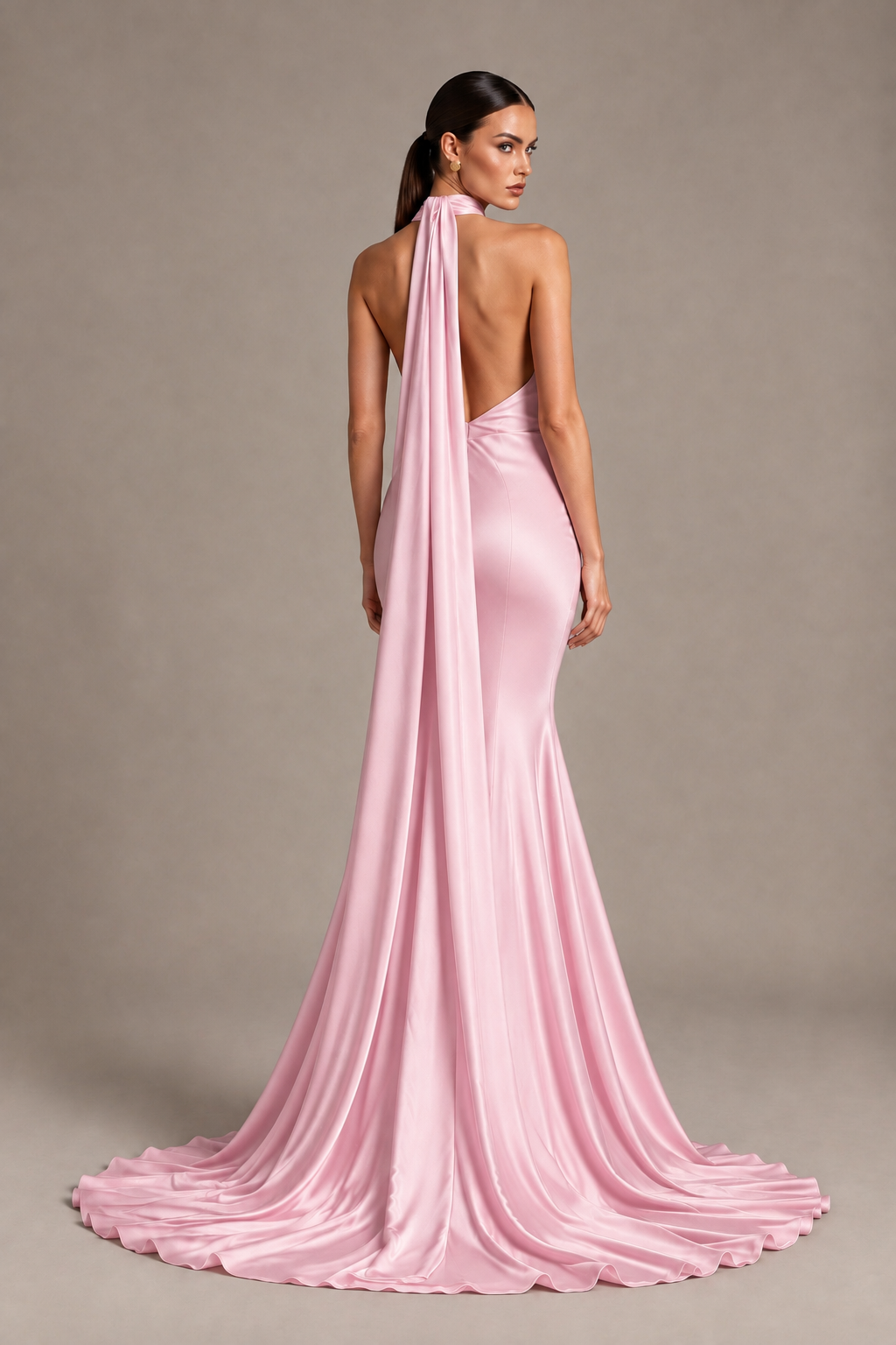 BOLODOO Pink One-Shoulder Satin Mermaid Evening Dress with Scarf - Pink - Pink_2