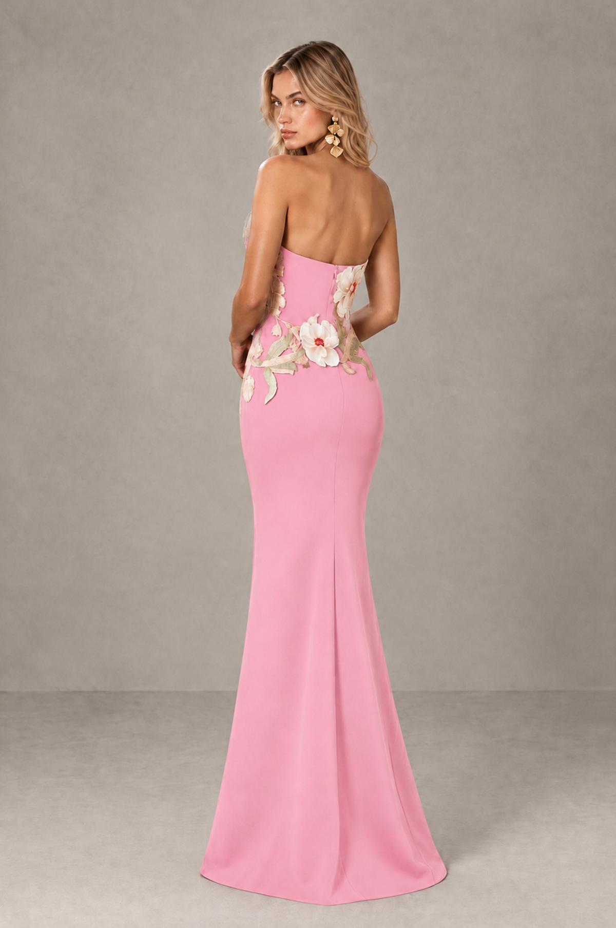 BOLODOO Pink Strapless Floral Mermaid Evening Dress with Slit - Pink - Pink_2