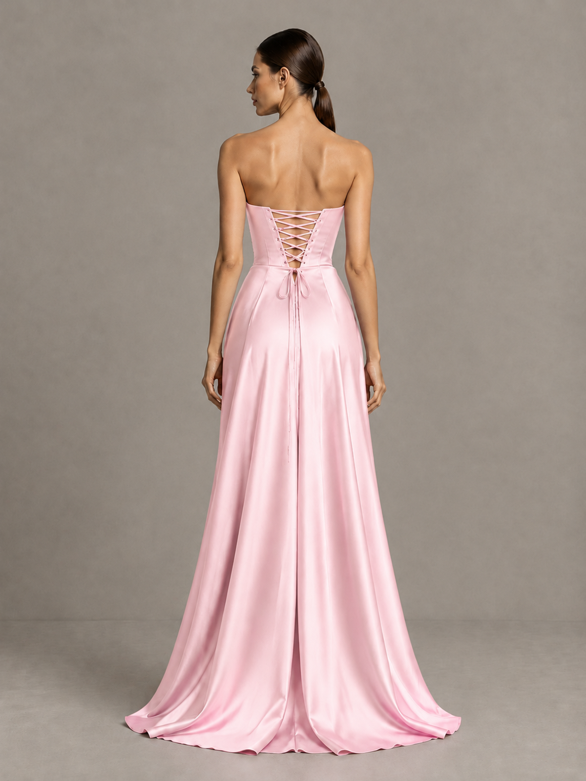 BOLODOO Pink Strapless Satin High-Slit Lace-Up Prom Dress - Pink - Pink_2