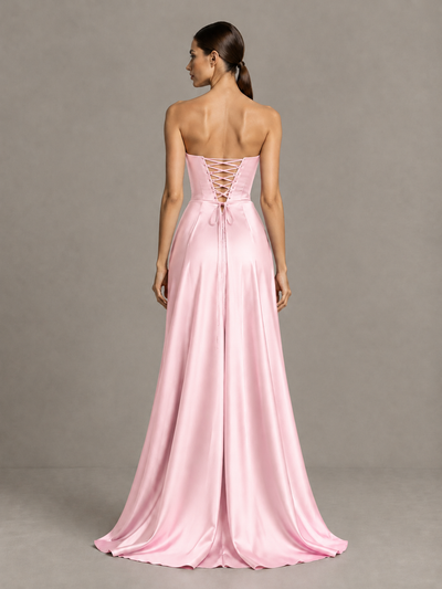 BOLODOO Pink Strapless Satin High-Slit Lace-Up Prom Dress - Pink - Pink_2