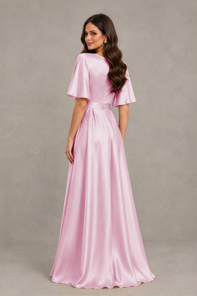 BOLODOO Pink Satin V-Neck Flutter Sleeve Bridesmaid Dress with Slit - Pink - Pink(2)