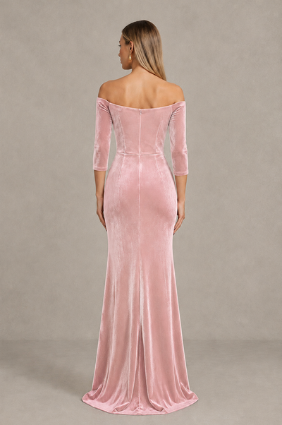 BOLODOO Pink Off-Shoulder Velvet Evening Dress with High Slit - Pink - Pink_2