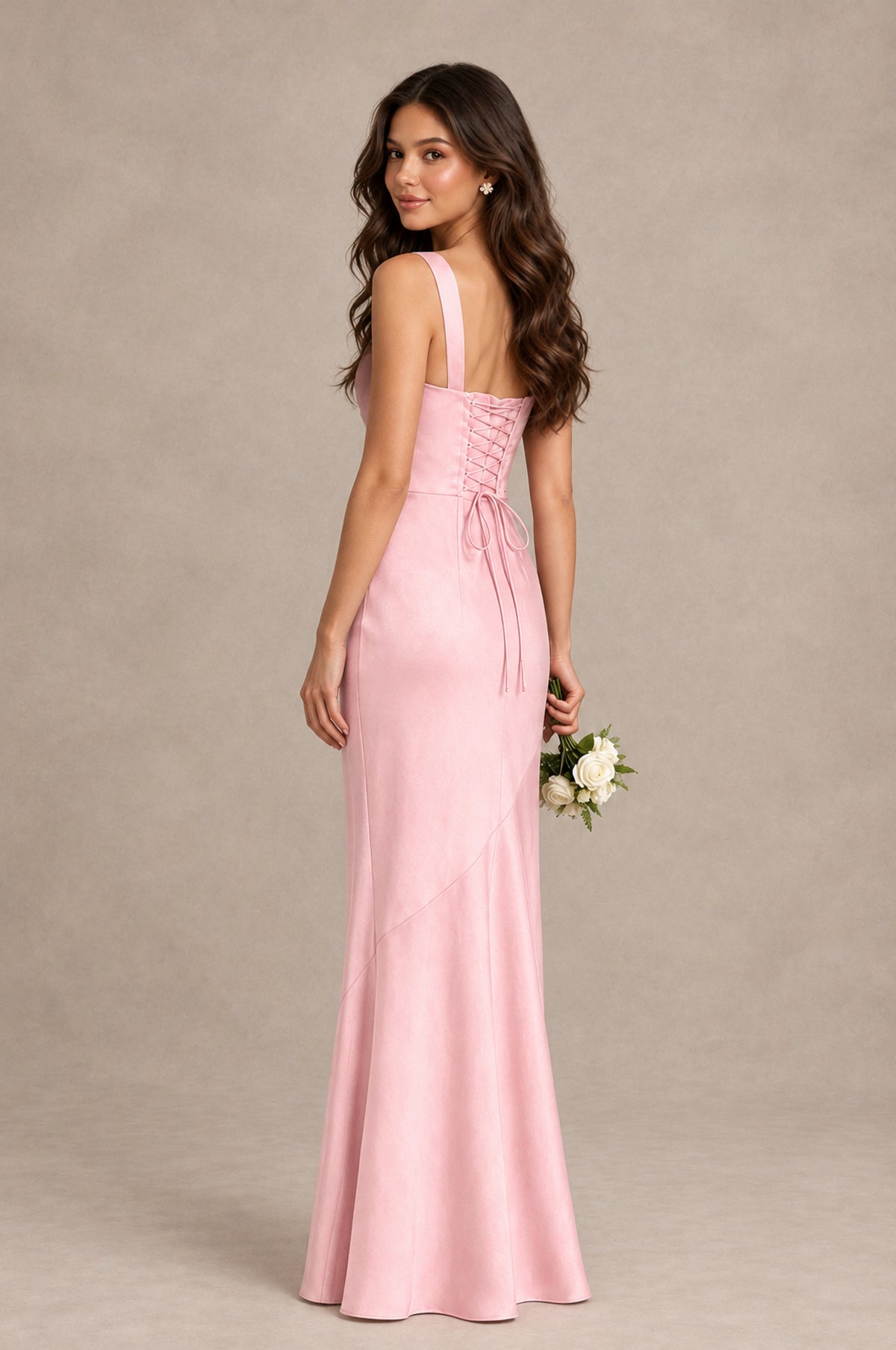 BOLODOO Pink Square Neck Ruched Satin Lace-Up Bridesmaid Dress - Pink - Pink_2