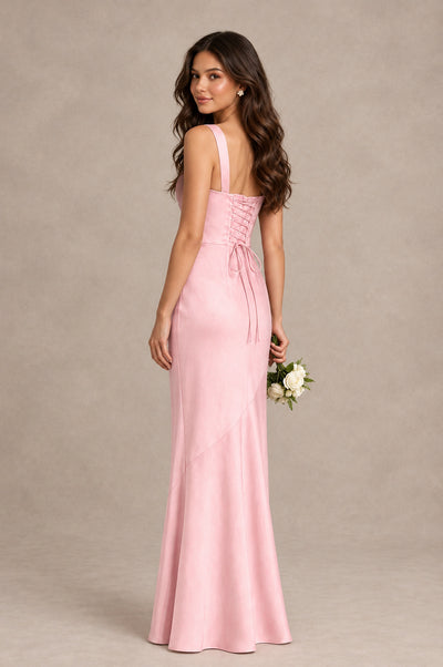 BOLODOO Pink Square Neck Ruched Satin Lace-Up Bridesmaid Dress - Pink - Pink_2