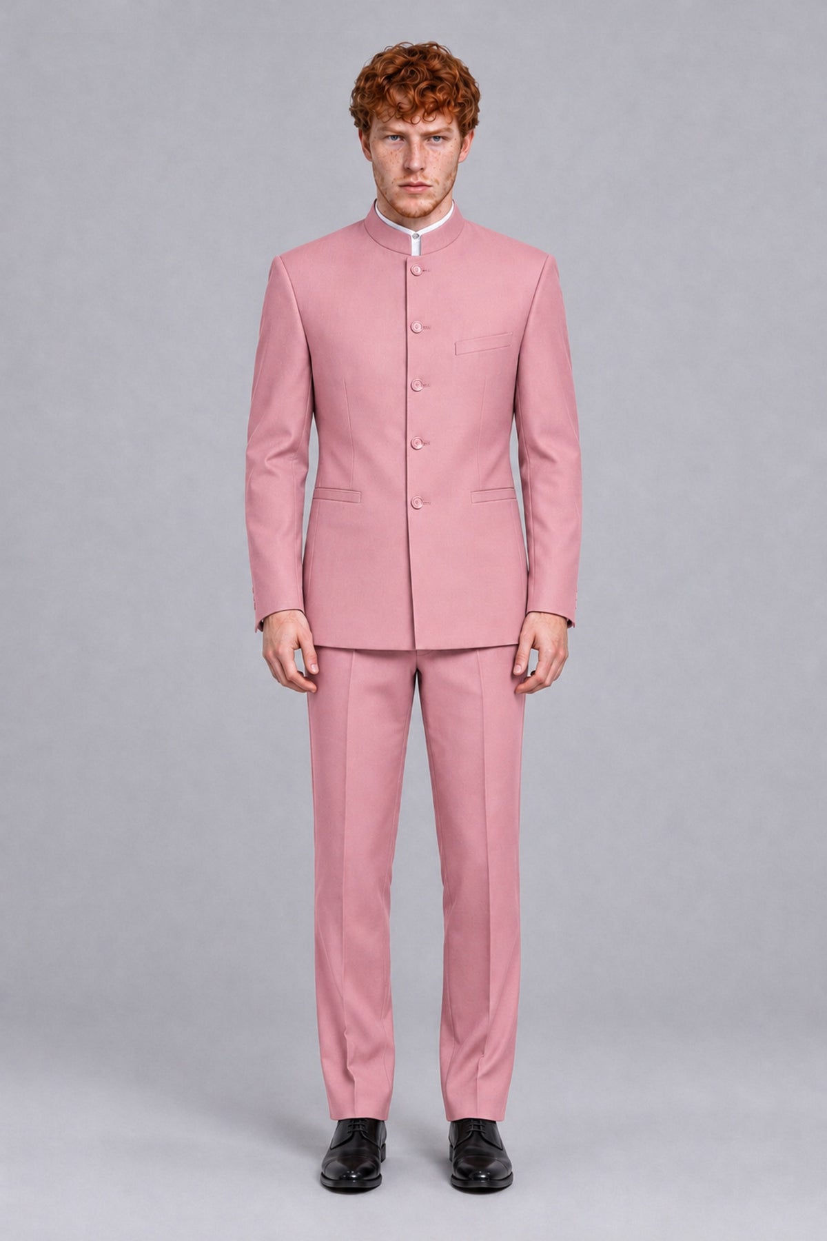 BOLODOO Men's Pink Mandarin Collar Two-Piece Suit - Pink - Pink_2