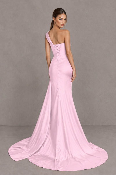 BOLODOO Pink One Shoulder Satin Mermaid Evening Dress with Ruched Slit Skirt - Pink - Pink_2