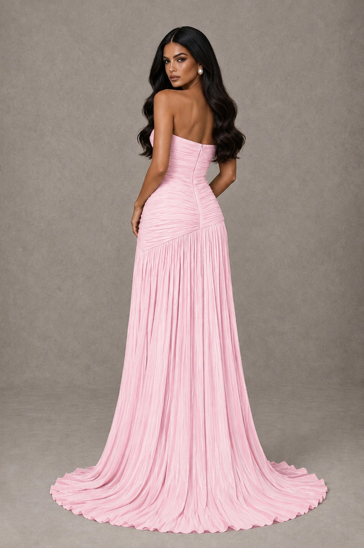 BOLODOO Pink Metallic Ruched Strapless Pleated A-Line Backless Maxi Dress with Train - Pink - Pink_2