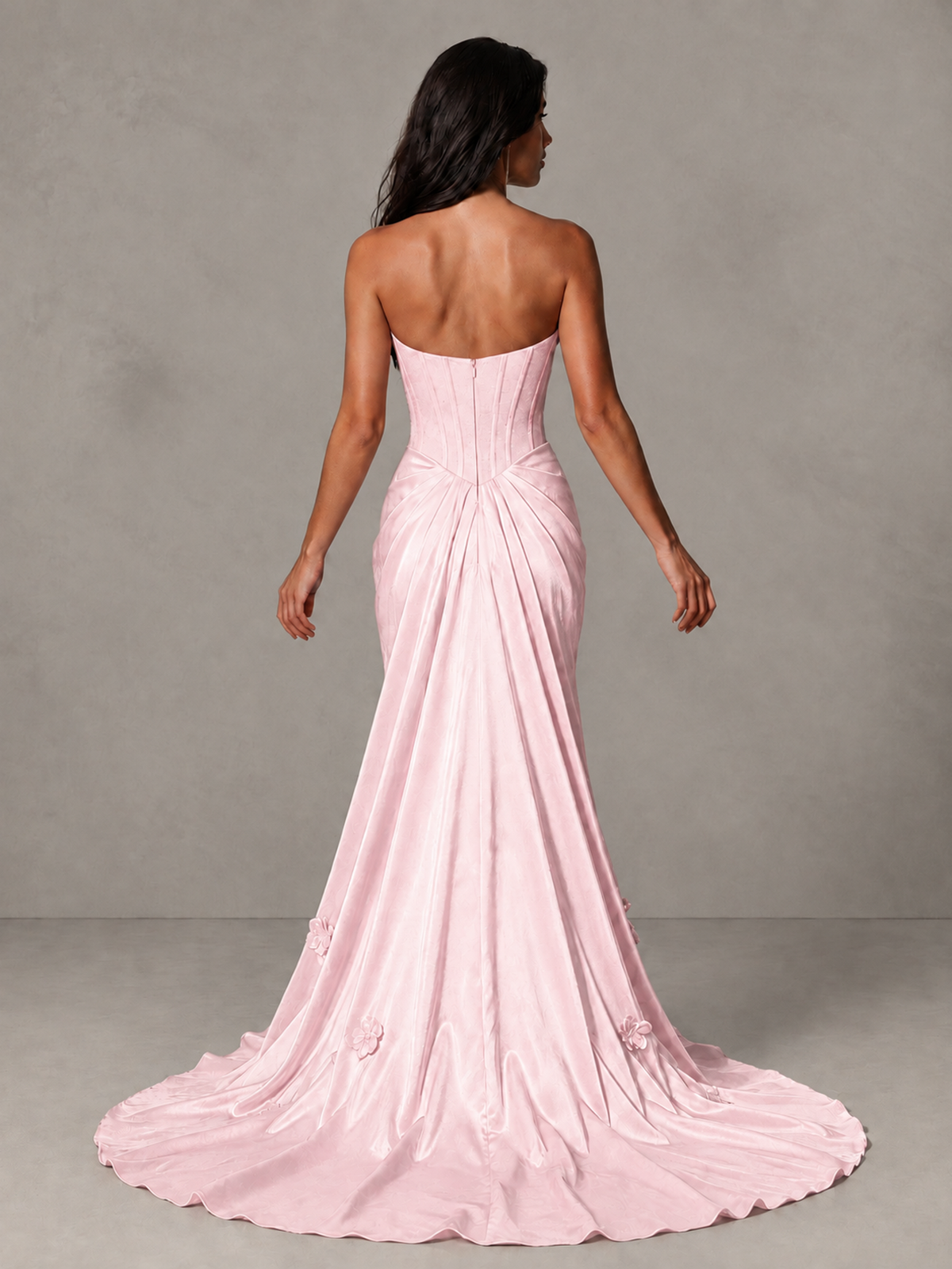BOLODOO Pink Strapless Floral Corset Evening Gown with Train - Pink - Pink_2