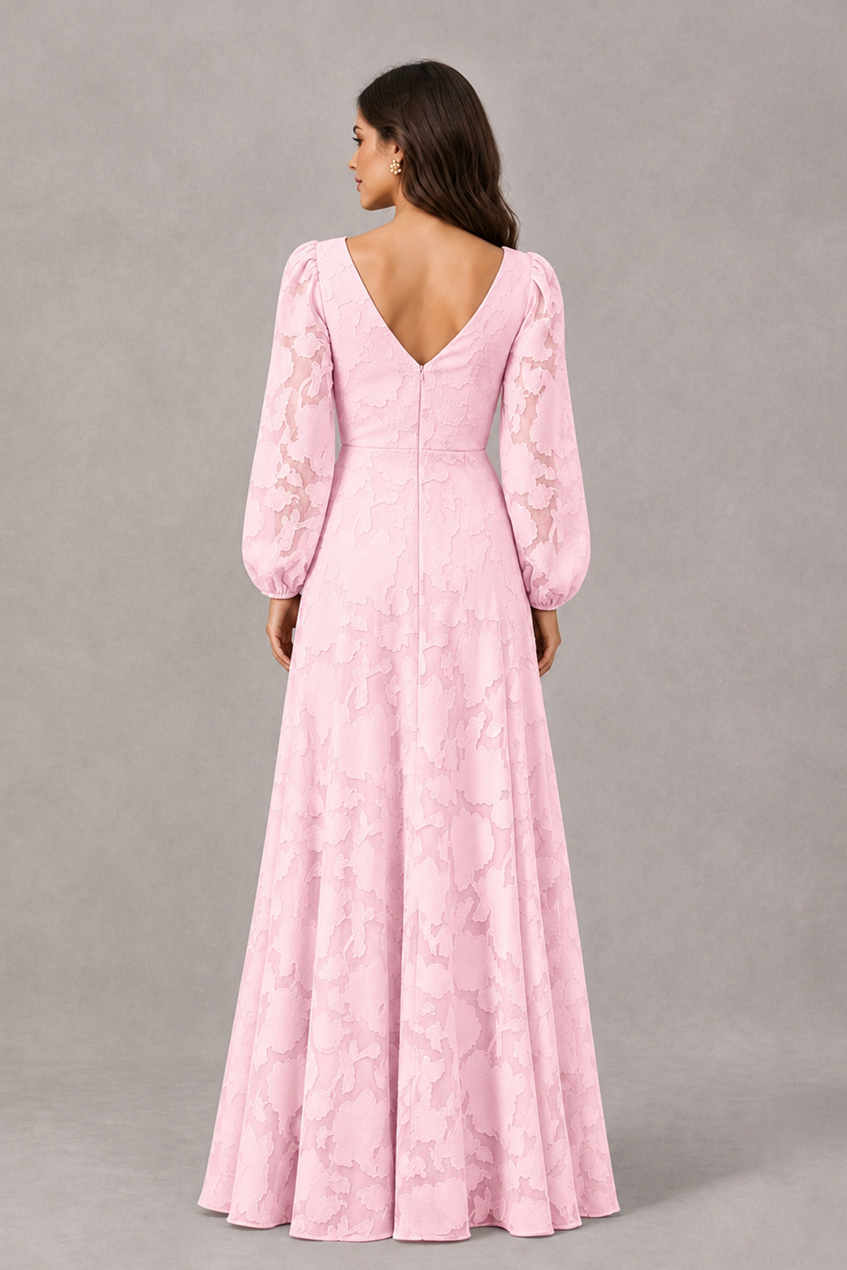 BOLODOO Pink Long Sleeve V-Neck A-Line Mother of the Bride Dress - Pink - Pink_2