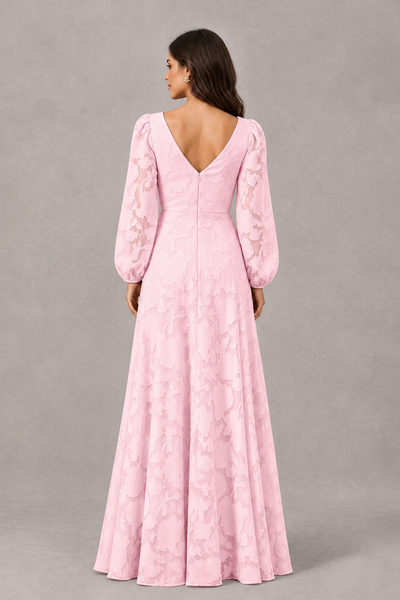 BOLODOO Pink Long Sleeve V-Neck A-Line Mother of the Bride Dress - Pink - Pink_2