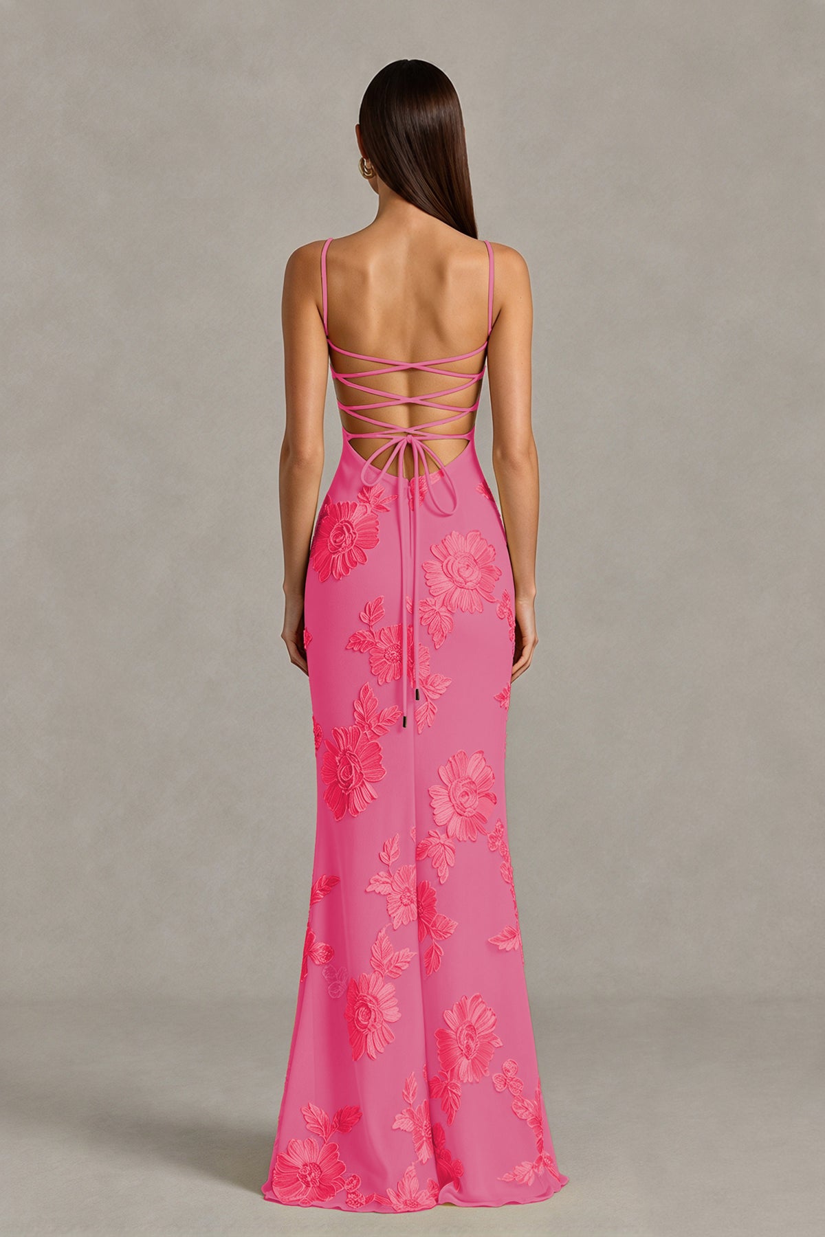 BOLODOO Pink Floral Lace-Up Back Mermaid Maxi Dress - Pink