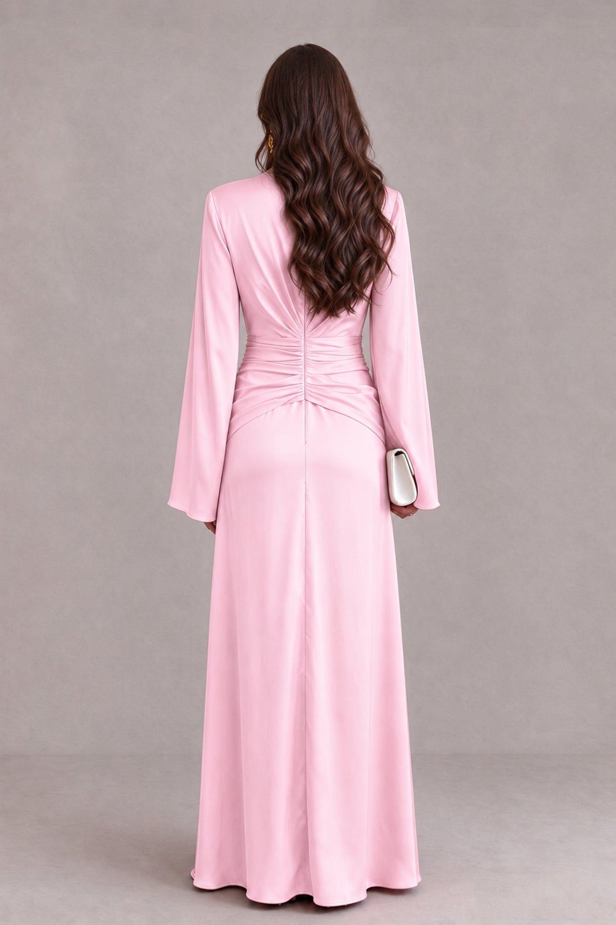 BOLODOO Pink Yellow Satin-Look V-Neck Long Bell Sleeve Evening Dress - Pink - Pink_2