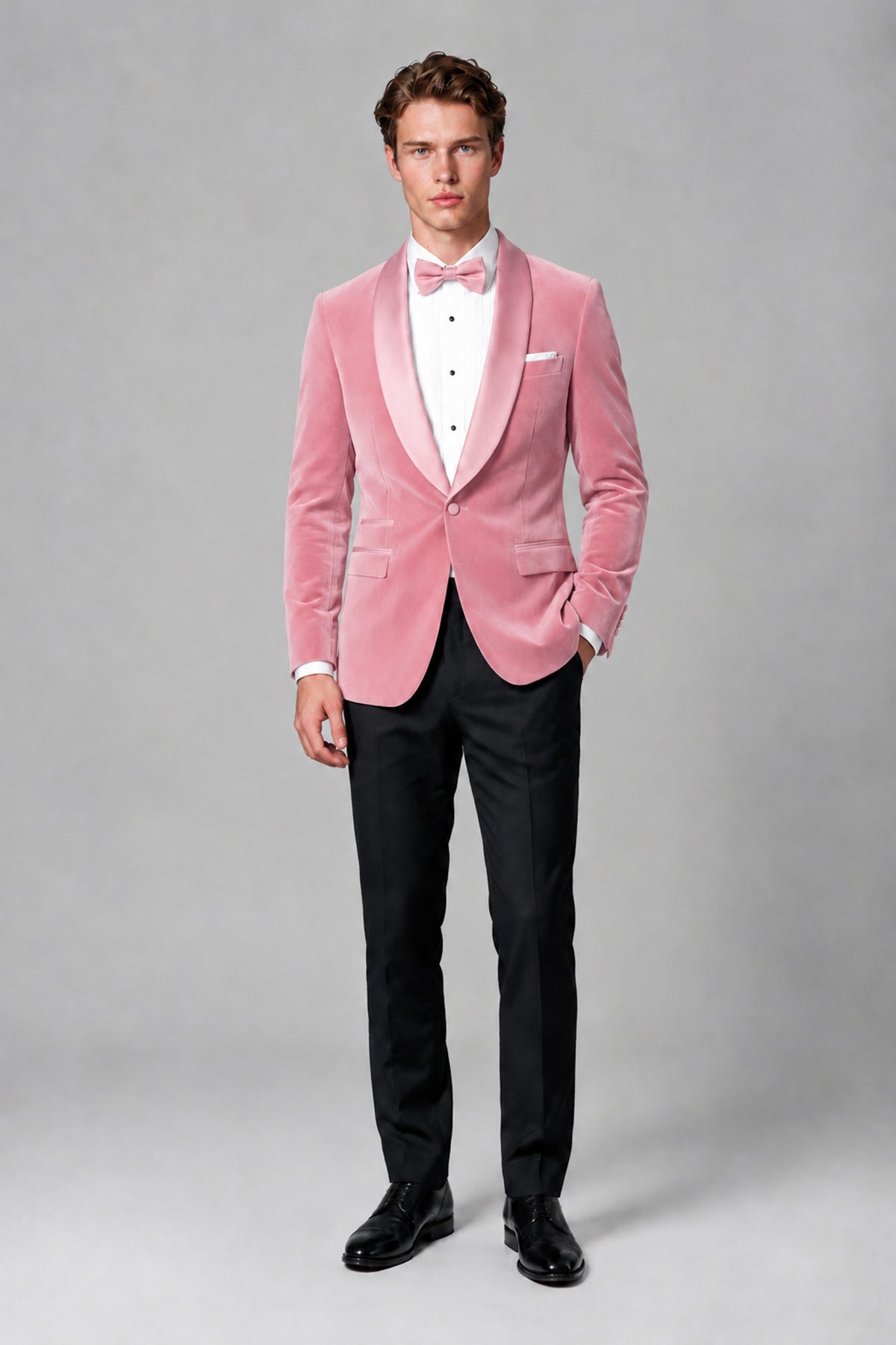 BOLODOO Men's Pink Velvet Blazer | Shawl Lapel Tuxedo Jacket - Pink - Pink_2