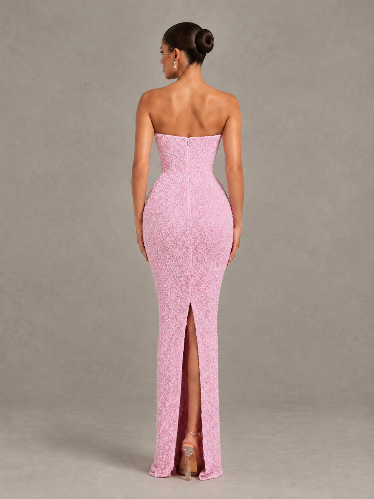 BOLODOO Pink Strapless Sequin Evening Gown with Floral Neckline - Pink - Pink_2