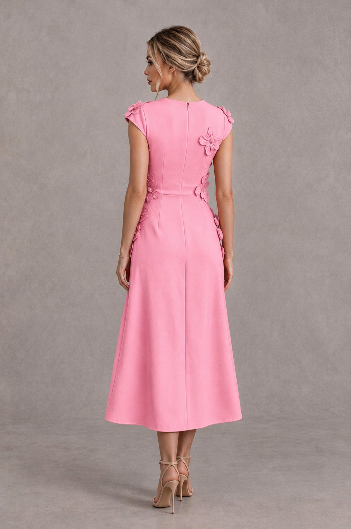 BOLODOO Pink 3D Floral Cap Sleeve Midi Cocktail Dress - Pink - Pink_2