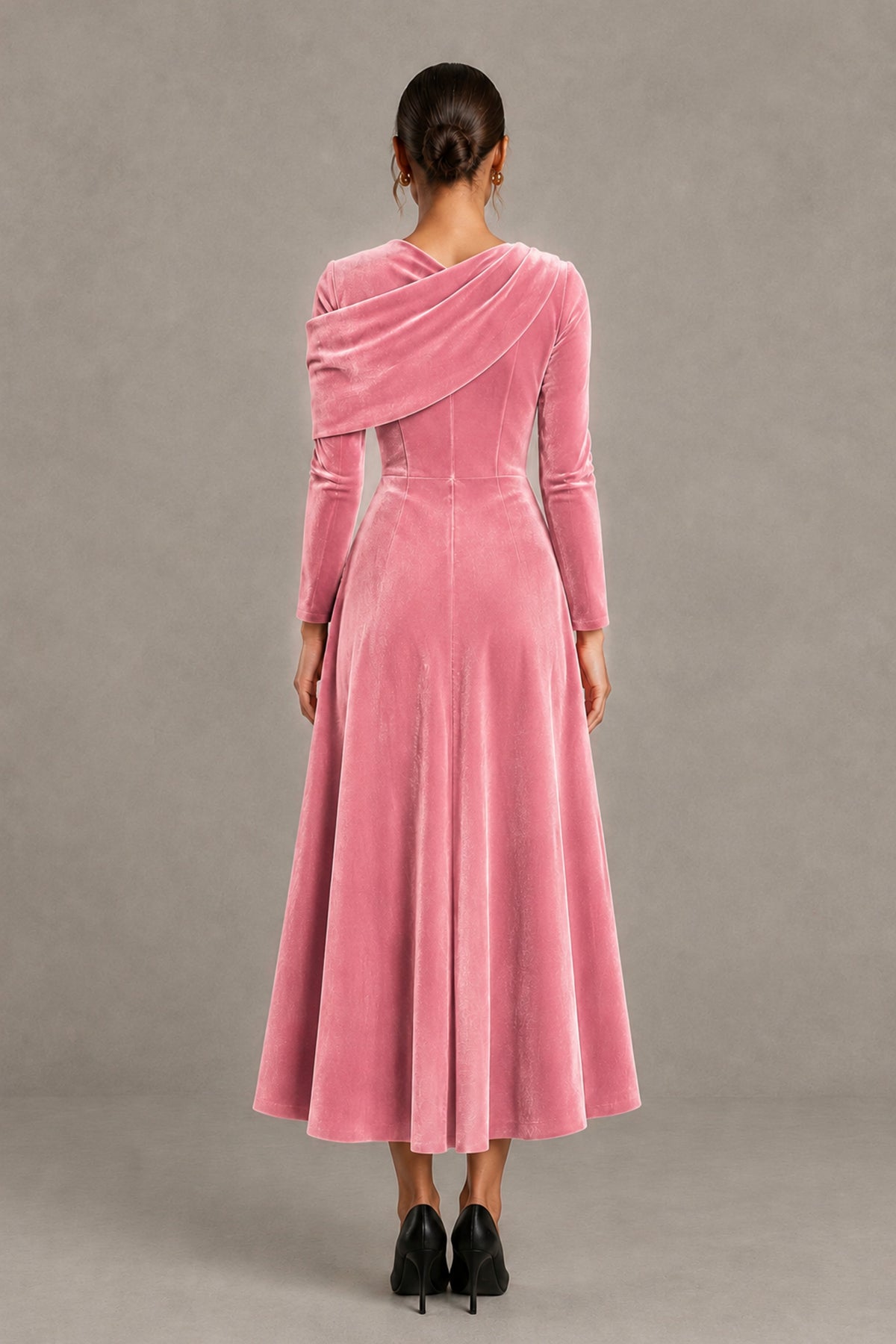 BOLODOO Pink Velvet-Look Long Sleeve Tea-Length A-Line Dress with Draped Neckline - Pink - Pink_2