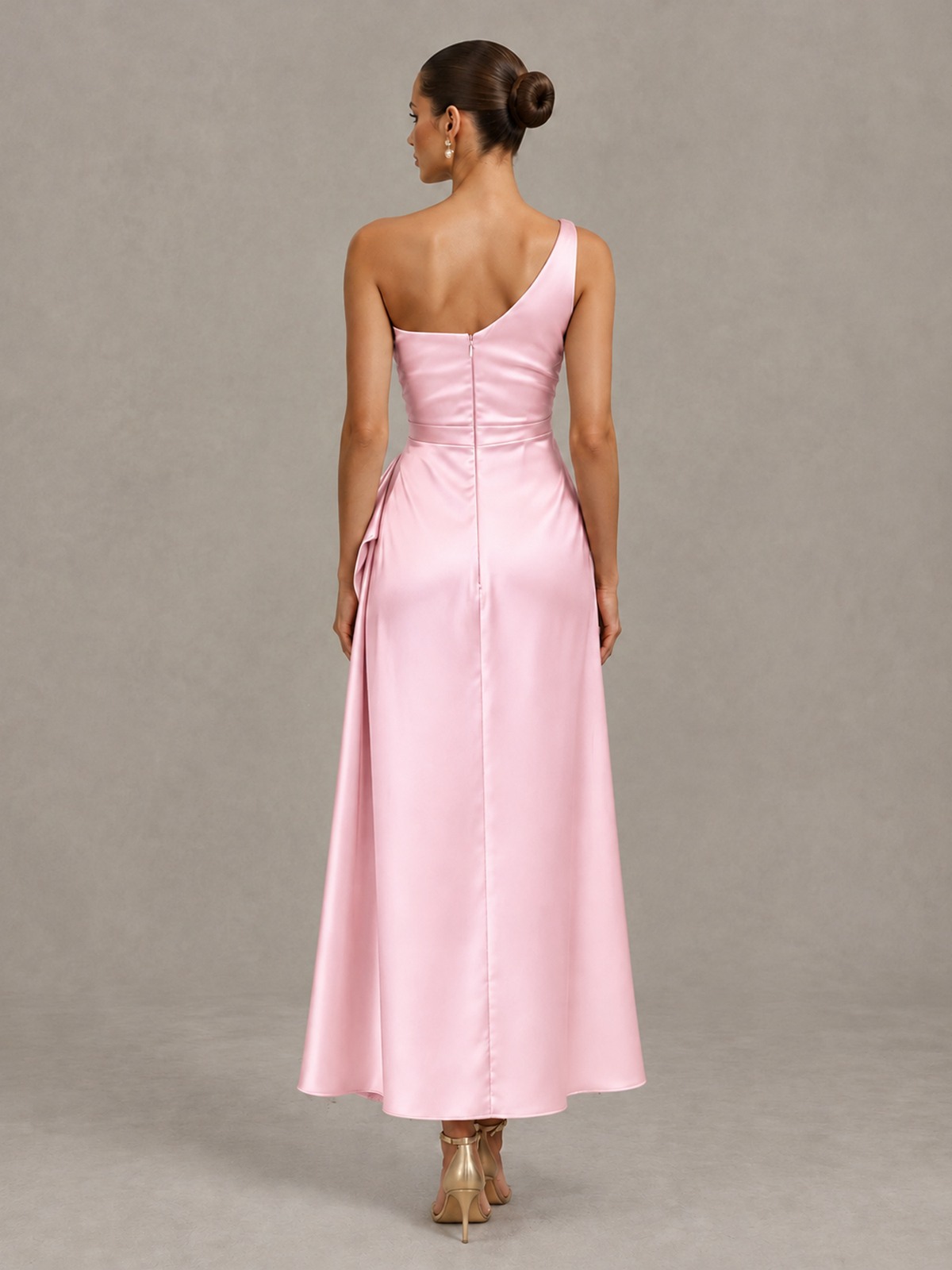 BOLODOO Pink One Shoulder Satin Cocktail Dress with Draped A-Line Skirt - Pink - Pink_2