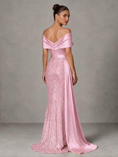 BOLODOO Pink Sequin Mermaid Evening Dress with Off-Shoulder Satin Drape and Sweep Train - Pink - Pink_2