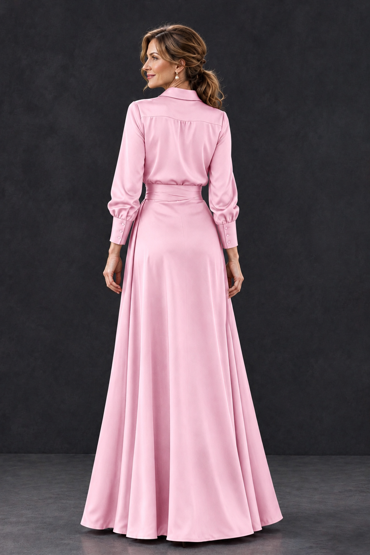 BOLODOO Pink Long Sleeve Satin-Look Lace Panel Gown - Pink - Pink_2