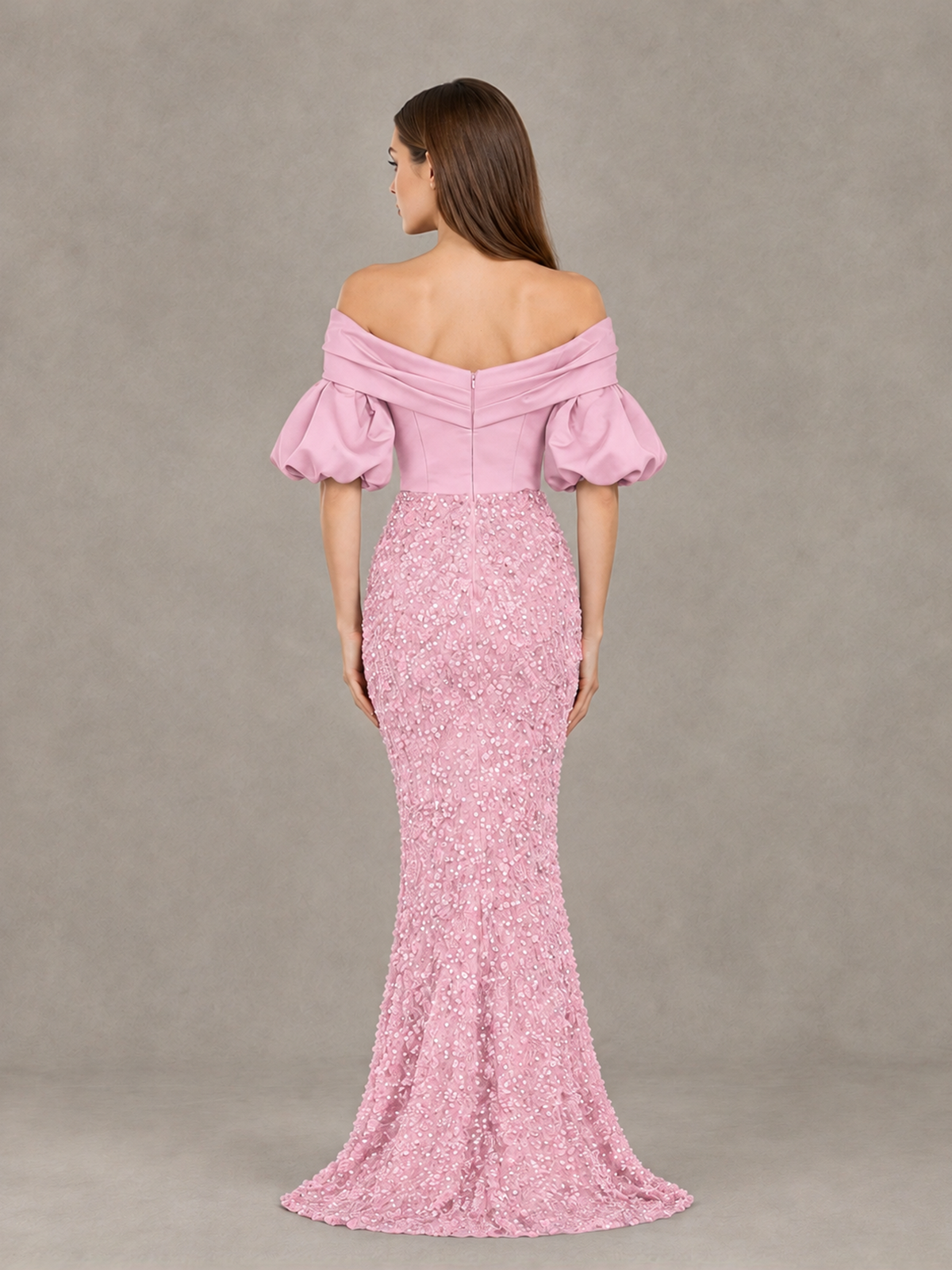 BOLODOO Pink Off-Shoulder Puff Sleeve Sequin Mermaid Evening Dress - Pink - Pink_2
