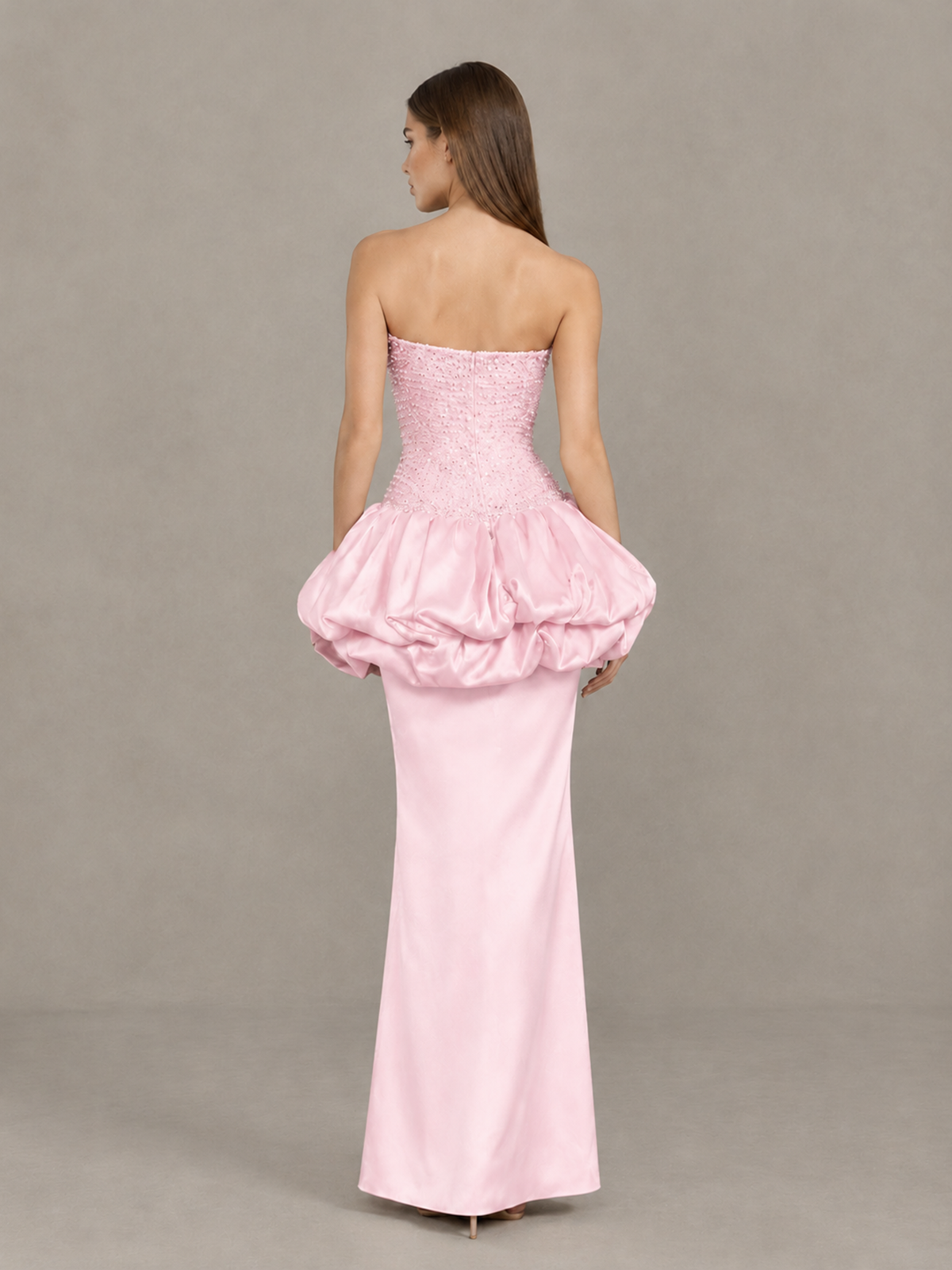 BOLODOO Pink Strapless Embellished Bubble Peplum Evening Dress - Pink - Pink_2