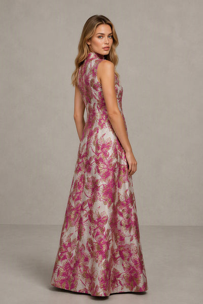 BOLODOO Pink Jacquard High Neck Sleeveless A-Line Maxi Dress – Wedding Guest & Formal Evening Gown - Pink