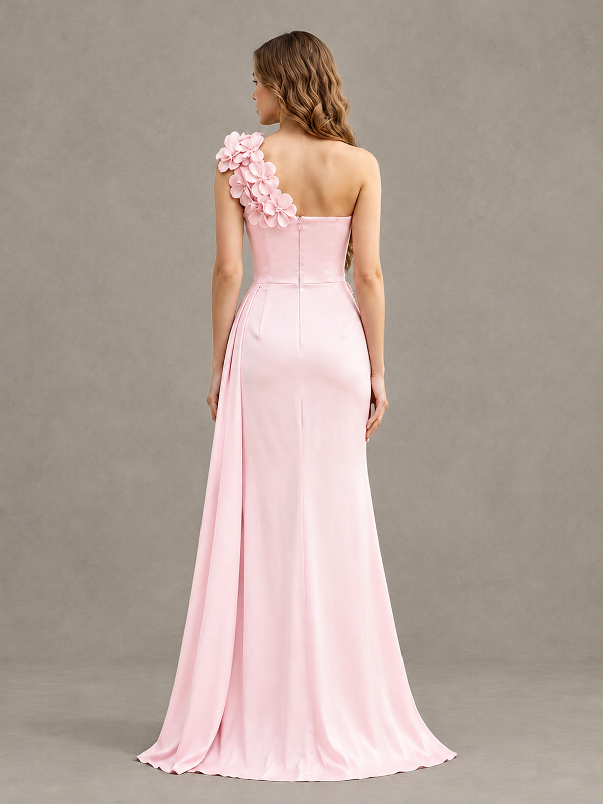 BOLODOO Pink One-Shoulder Satin Mermaid Evening Gown with 3D Floral Appliqué - Pink - Pink_2