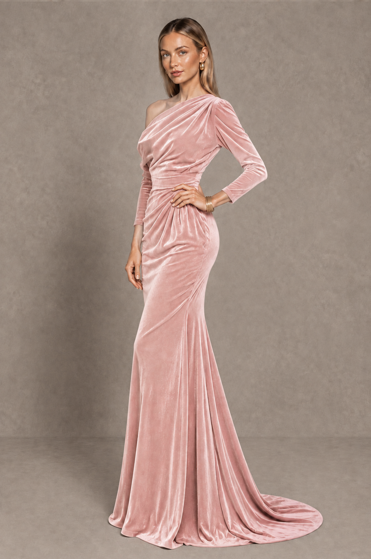 BOLODOO Pink Velvet Asymmetric Neck Mermaid Evening Dress - Pink - Pink_2
