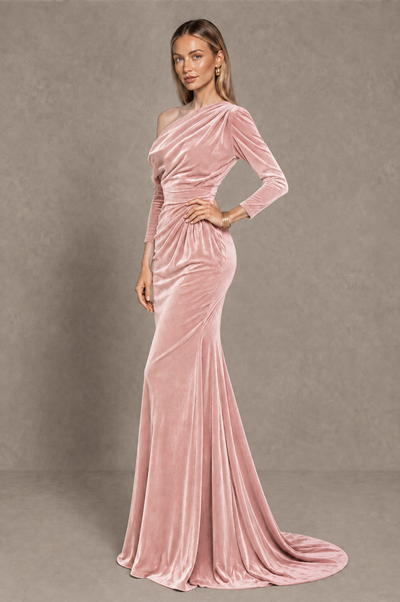 BOLODOO Pink Velvet Asymmetric Neck Mermaid Evening Dress - Pink - Pink_2
