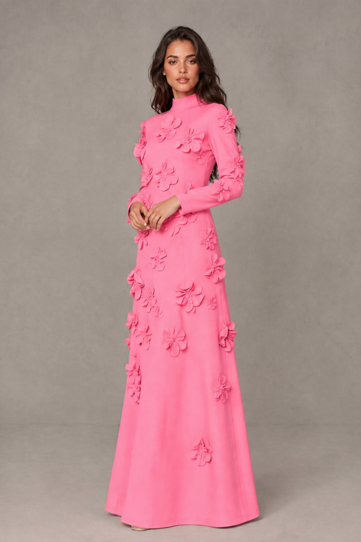 BOLODOO Pink High Neck Long Sleeve 3D Floral Evening Gown - Pink
