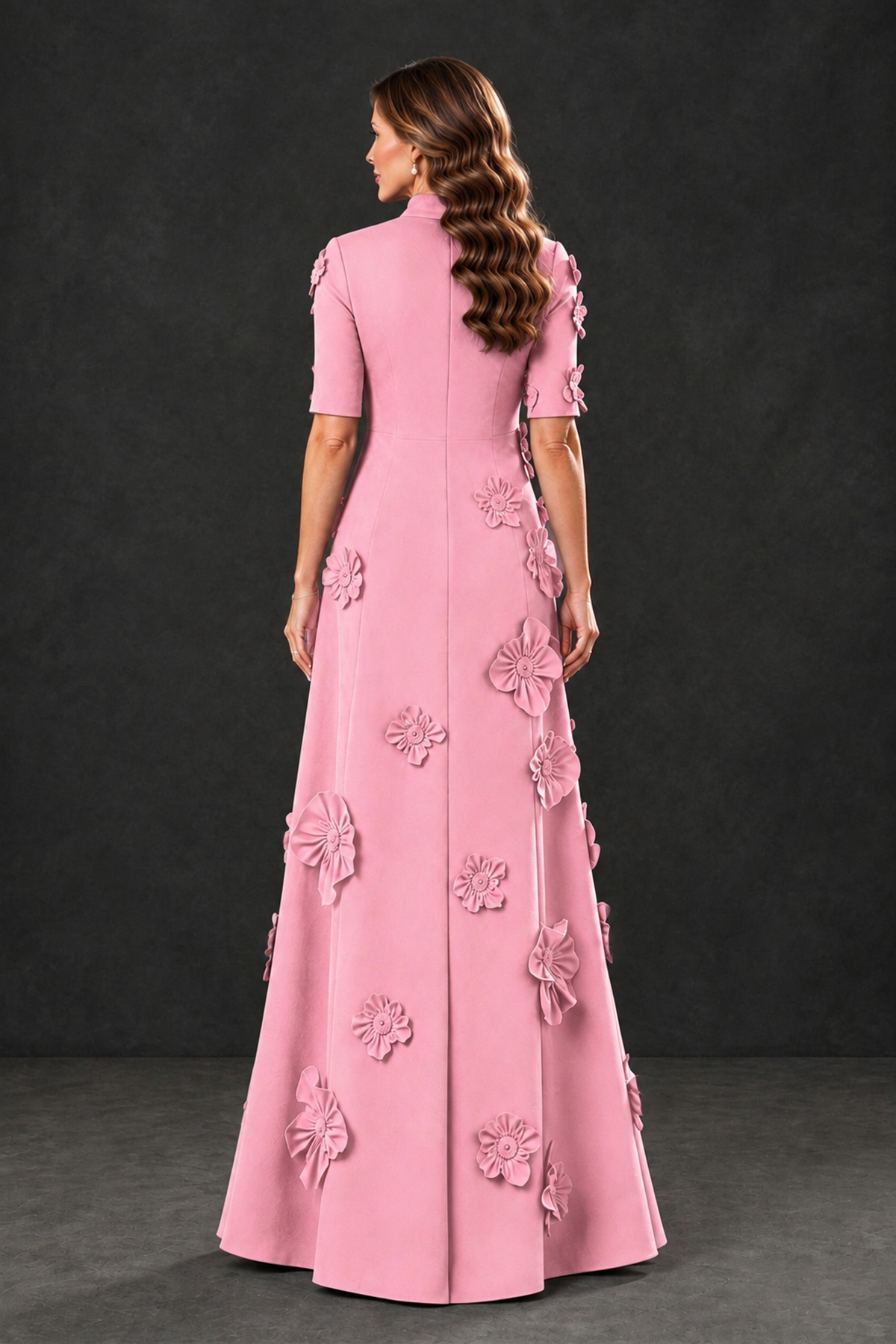 BOLODOO Pink Floral Applique High-Neck Half-Sleeve Gown - Pink - Pink_2