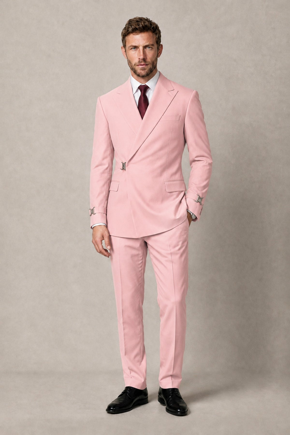 BOLODOO Men's Pink Double-Breasted 2-Piece Suit Set – Blazer & Tailored Trousers - Pink
