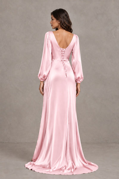BOLODOO Pink Satin-Look Long Sleeve Evening Dress with High Slit - Pink - Pink_2