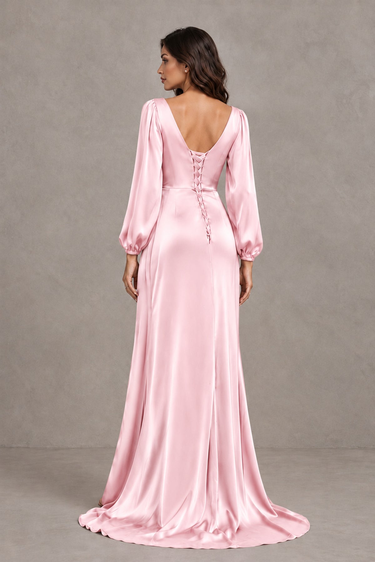 BOLODOO Pink Satin-Look Long Sleeve Evening Dress with High Slit - Pink - Pink_2