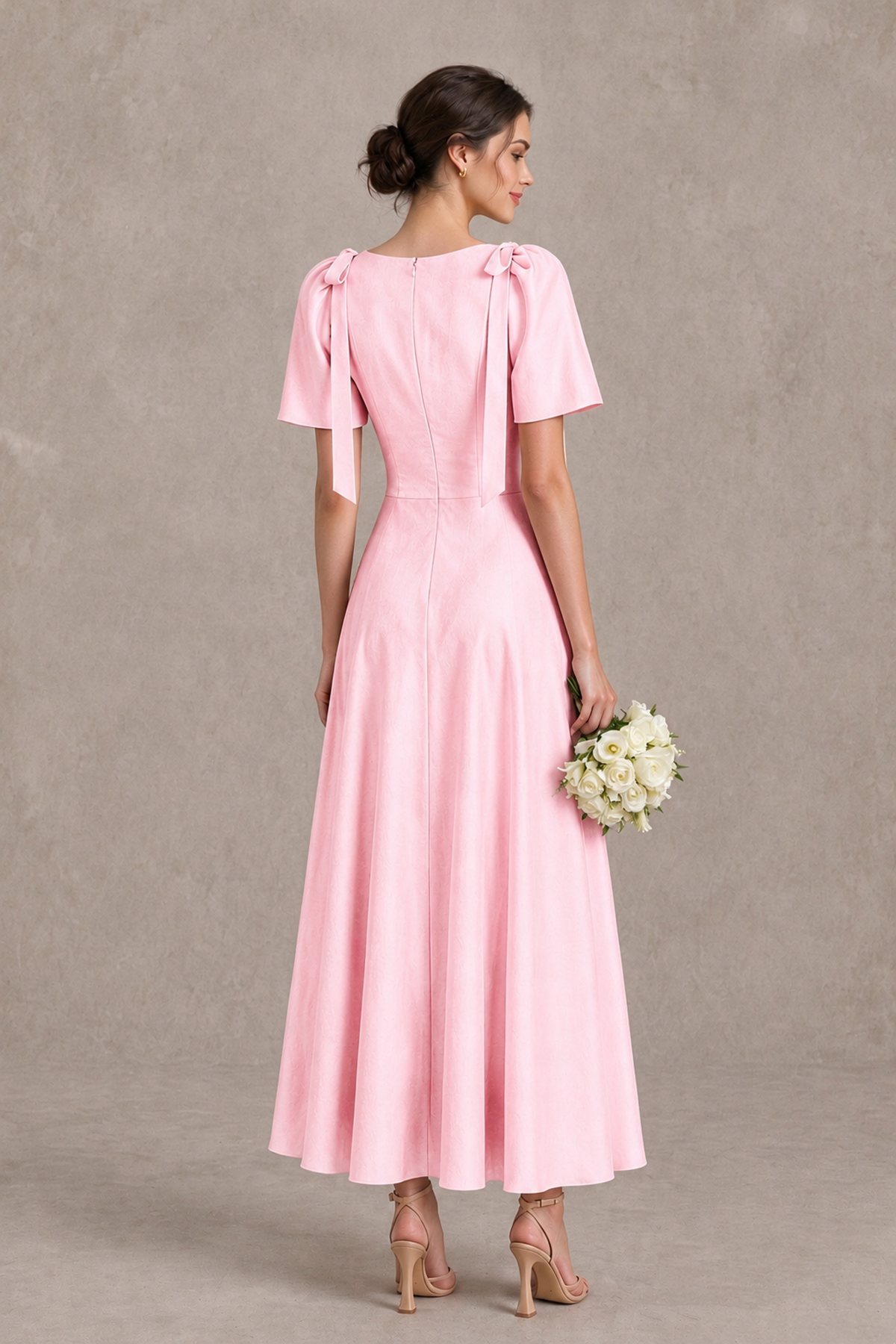 BOLODOO Pink V-Neck Short Sleeve Satin-Look Bridesmaid Dress with Shoulder Bows - Pink - Pink_2