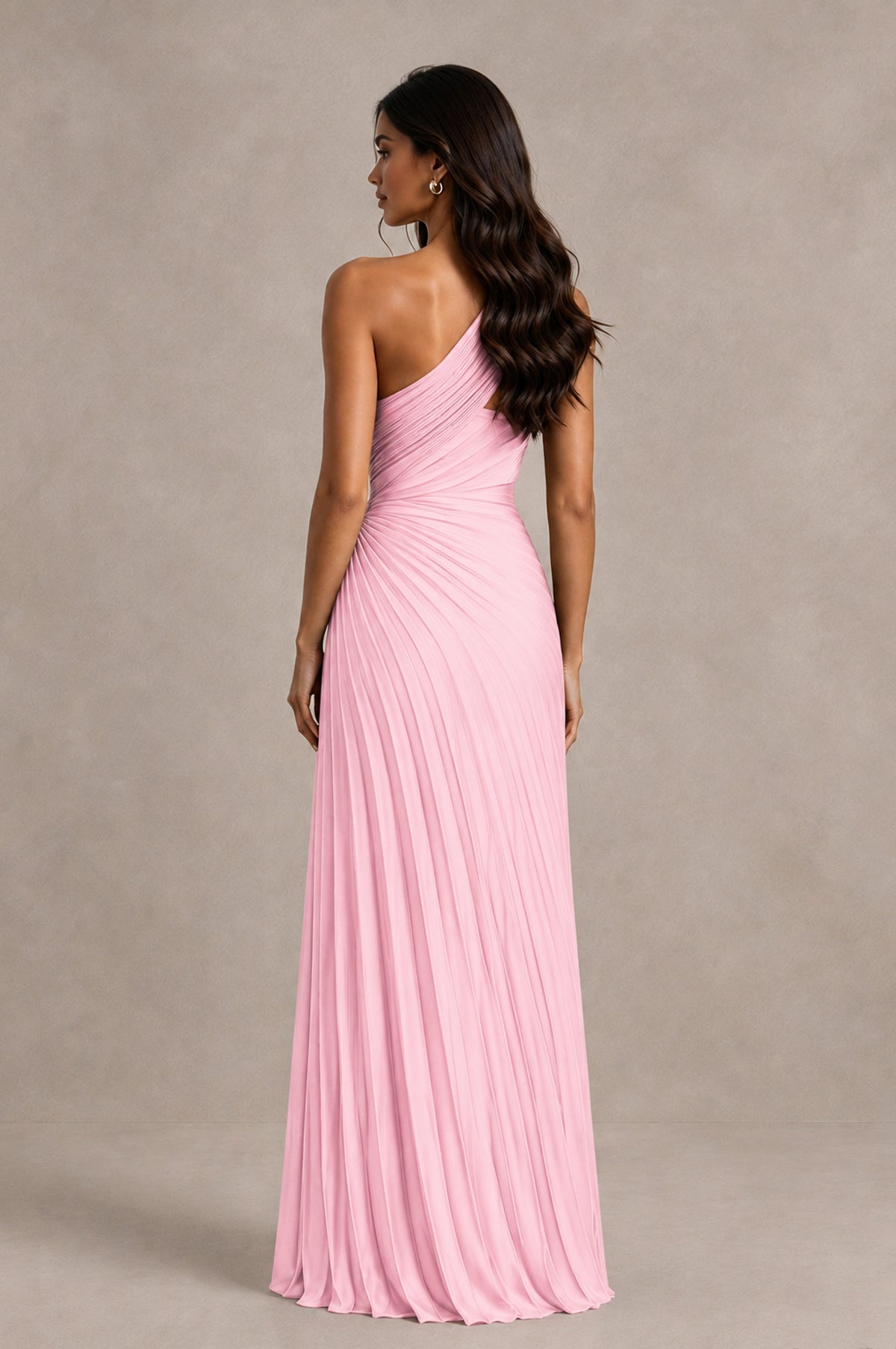 BOLODOO Pink One Shoulder Pleated Evening Dress with Ruched Waist and High Slit - Pink - Pink_2