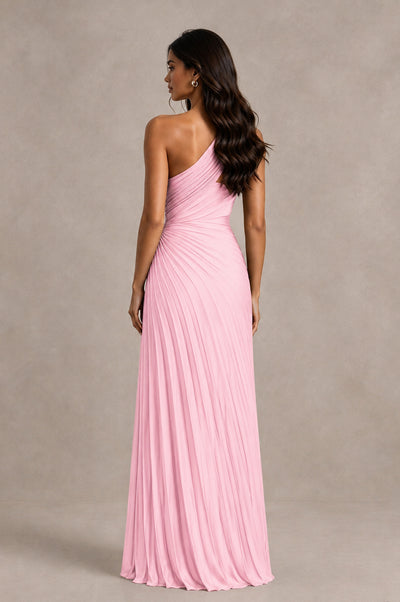 BOLODOO Pink One Shoulder Pleated Evening Dress with Ruched Waist and High Slit - Pink - Pink_2